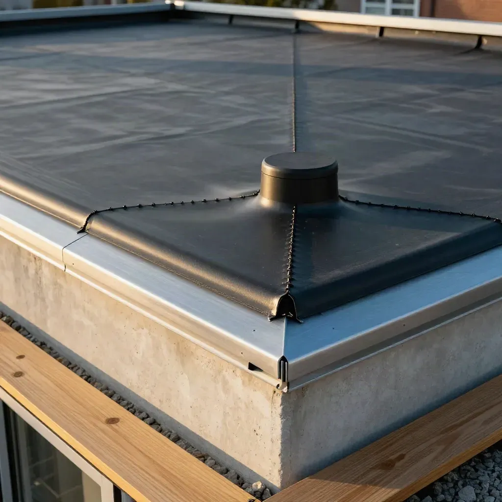 Laag hoekbeeld van een nieuw EPDM-platdak met strakke naden en aluminium randprofiel in warm licht.
