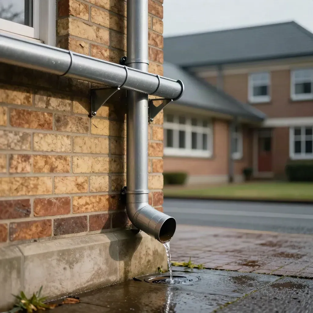 Herstelde goot aan schoolgebouw met schoon afvoerwater na regen en droog metselwerk.
