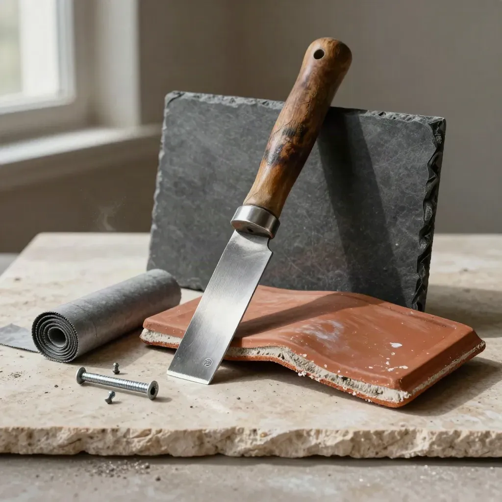 Leihamer, dakmes, loodrol, nagels en terracottadakpan op een stenen oppervlak.