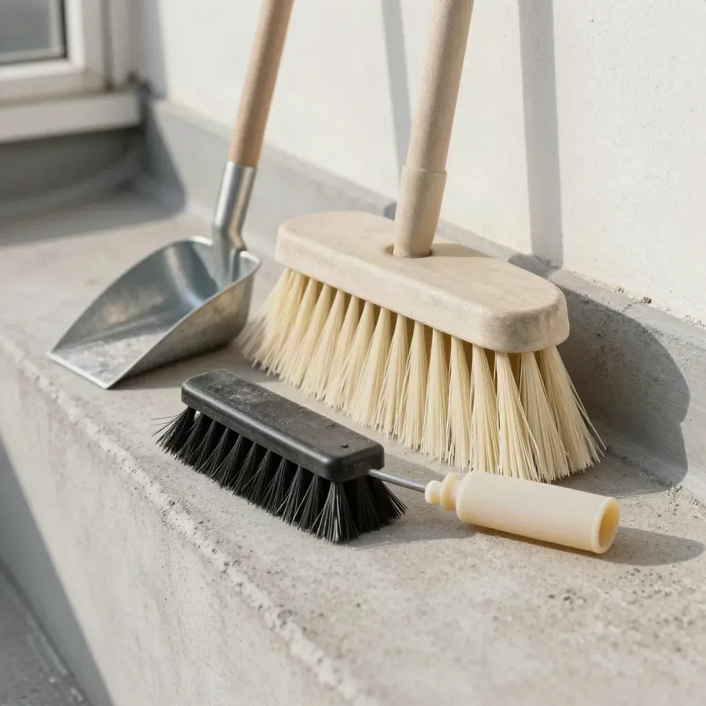 Bezem, gootschep, onderhoudsborstel en kitkoker op beton in zacht licht.