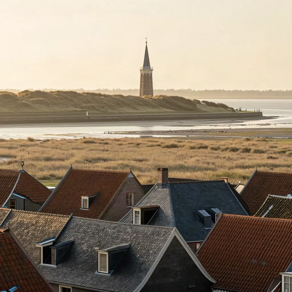 Historische daken en havenrand in Noord-Holland Noord met duinen en dijken